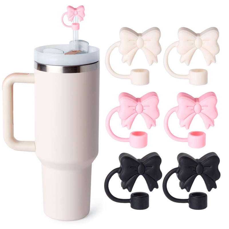linmaya 6PCS Bow Straw Toppers, Cute Straws Covers for Stanley 30&40 Oz Tumbler with Handle, 10mm Dust-Proof Drinking Straw Dispensers Straw Topper Cap for Girls Kids (Black Bow) - Image 1