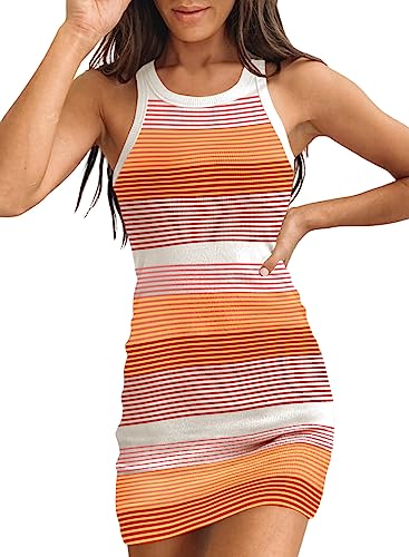 Samefar Womens Summer Sexy Bodycon Dress Scoop Neck Slim Ribbed Sleeveless Tank Dresses Striped Yellow Mini Dress Small - Image 5
