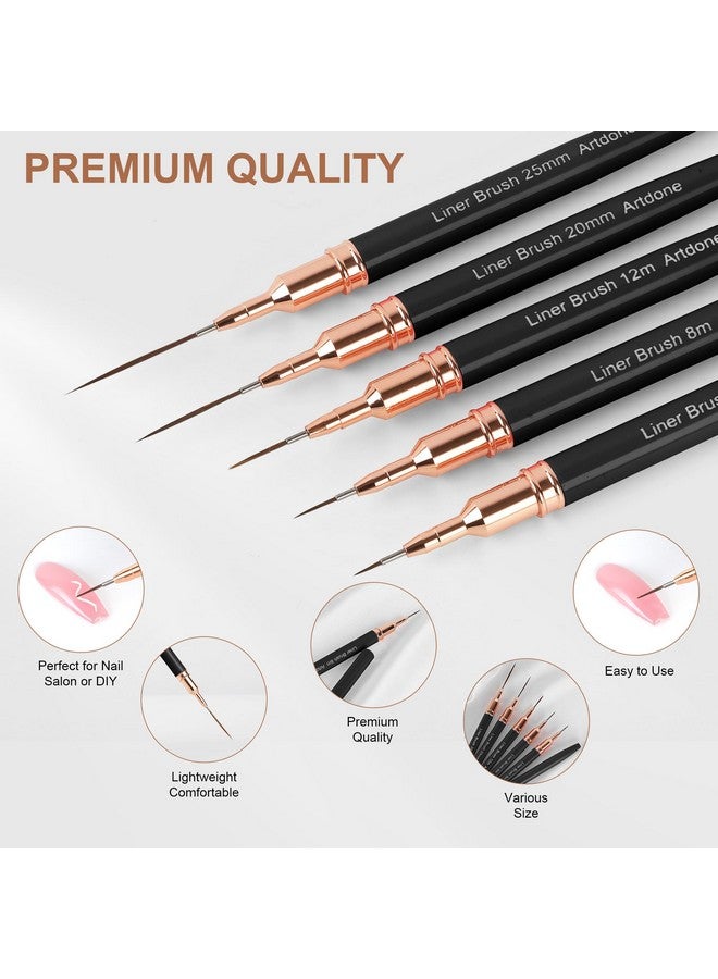 Artdone Metallic Nail Art Pens, Liner Brushes Set, 5PCS Black Color Nail Tools For Long Lines, Thin Details, Fine Drawing, Liner Brush UV Gel Polish Painting Nail Design Sizes 5/8/12/20/25mm - Image 3