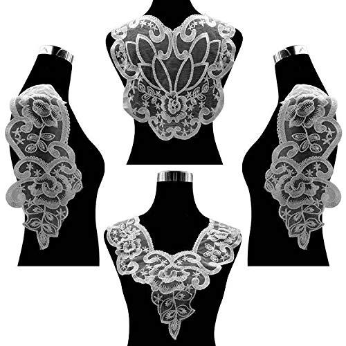YinQin 1 Set / 4 Pcs Embroidered Mesh Bottom Applique Collar Embroidered Chest Applique, Front/Rear Collar, Sleeve Lace Applique(Color 4) - Image 1