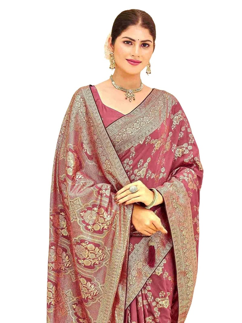 SIRIL Women's Banarasi Work Silk Saree With Unstitched Blouse Pieces (4774S121-Mauve) - Image 1