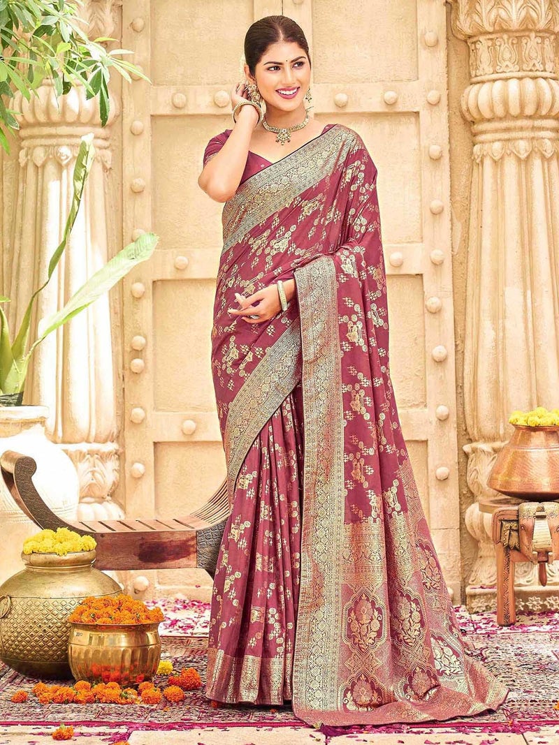 SIRIL Women's Banarasi Work Silk Saree With Unstitched Blouse Pieces (4774S121-Mauve) - Image 3
