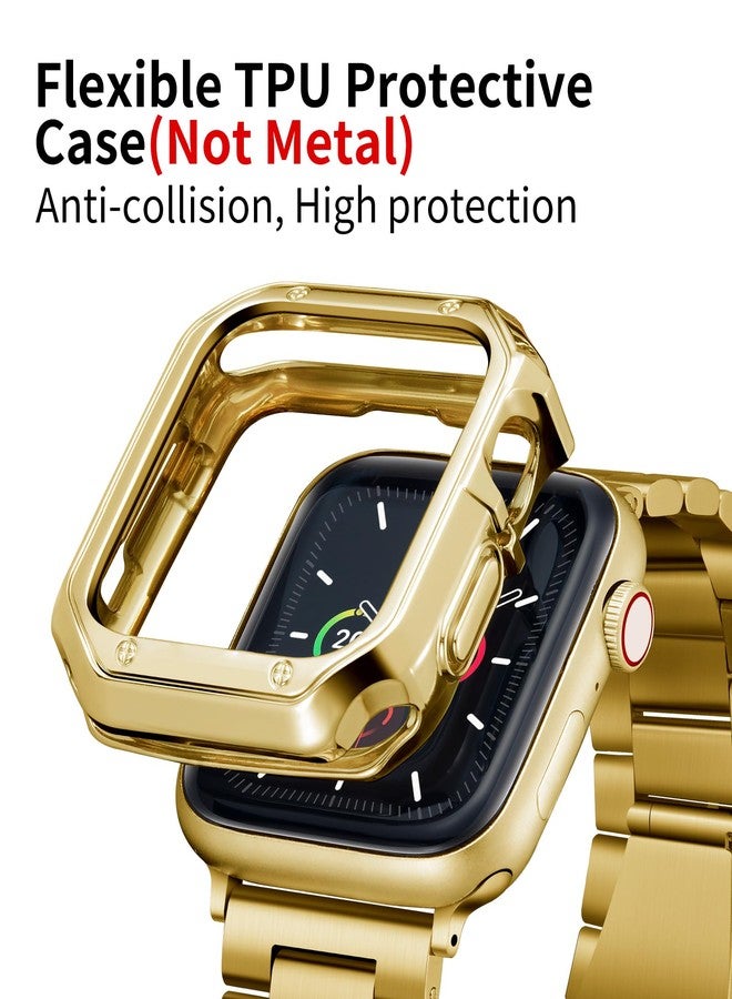 BINLUN Compatible with Apple Watch Band 45mm 44mm 42mm Matte Stainless Steel Gold Metal Watch Strap with Polished Finish TPU Watch Case Compatible with iWatch Bands Series 9/8/7/SE2/SE/6/5/4/3/2/1 - Image 4