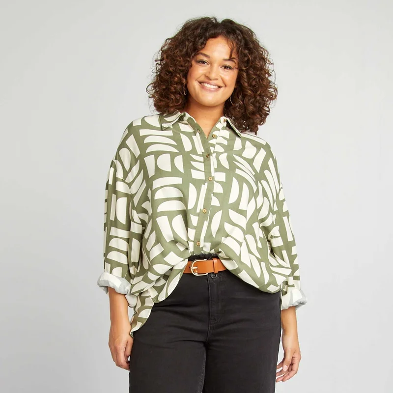 Kiabi Longline Shirt With Golden Buttons Green