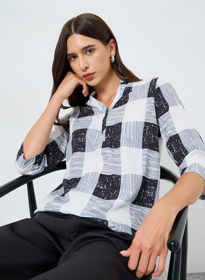 Take Two Checked V-Neck Button Front Top - Image 1