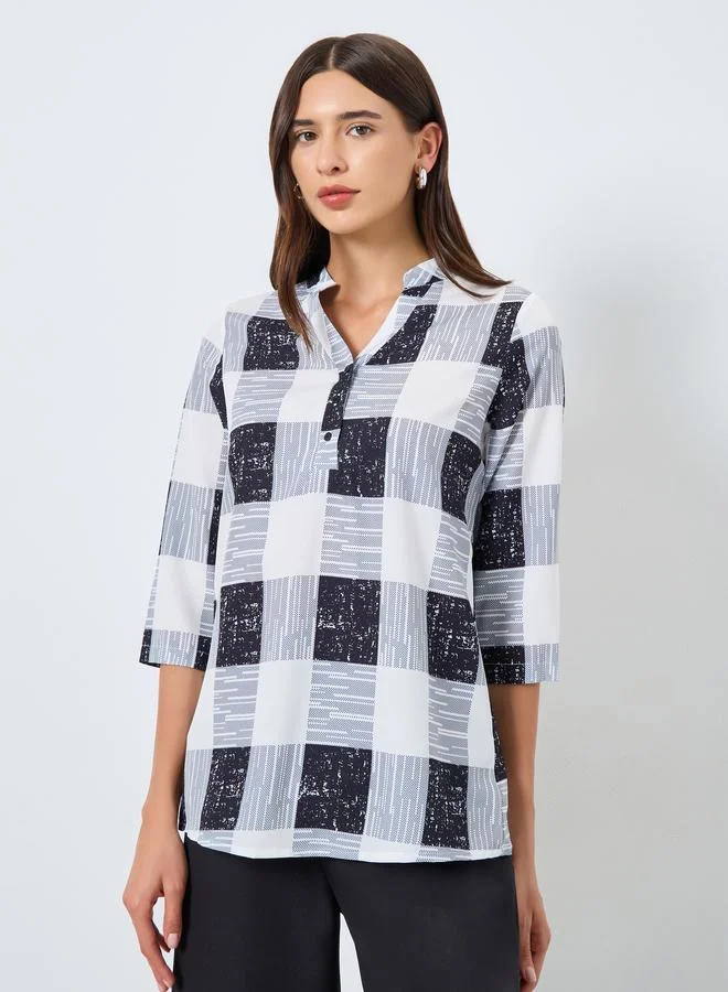Take Two Checked V-Neck Button Front Top