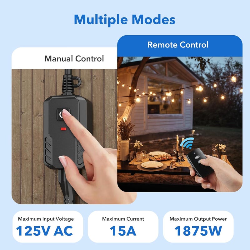 BN-LINK Outdoor Remote Control Outlet Plug Black,Indoor Wireless Outlet Switch Weatherproof Heavy Duty 15A 3-Prong 6-inch Cord 100Ft Range (Battery Included) - Image 5
