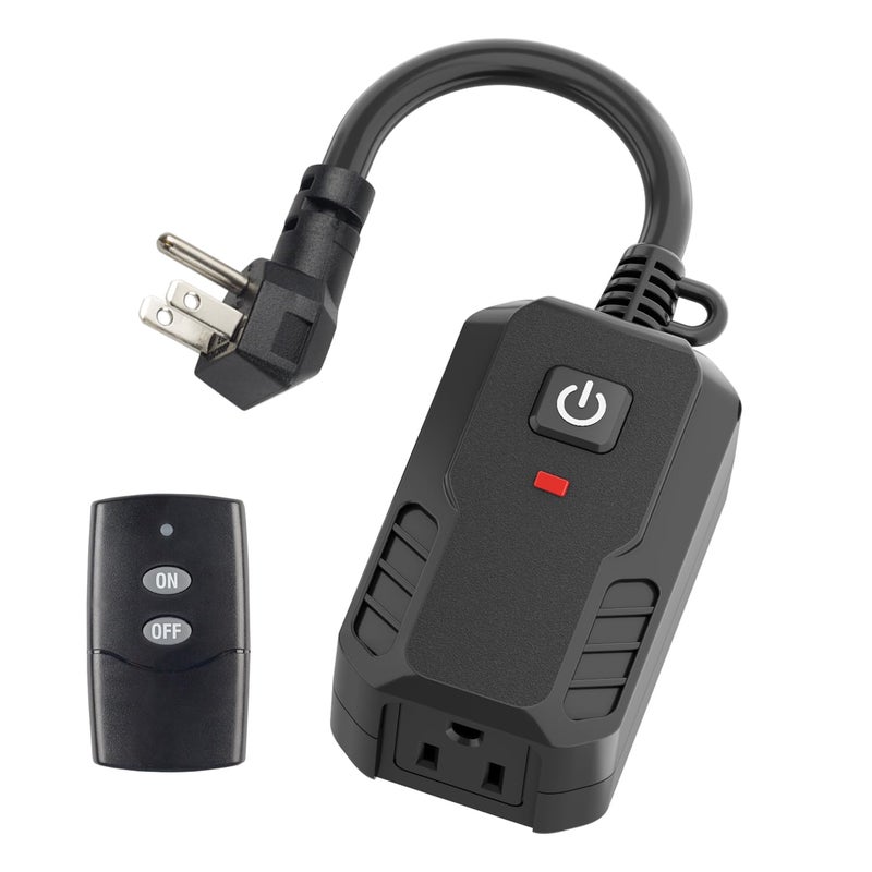 BN-LINK Outdoor Remote Control Outlet Plug Black,Indoor Wireless Outlet Switch Weatherproof Heavy Duty 15A 3-Prong 6-inch Cord 100Ft Range (Battery Included) - Image 1