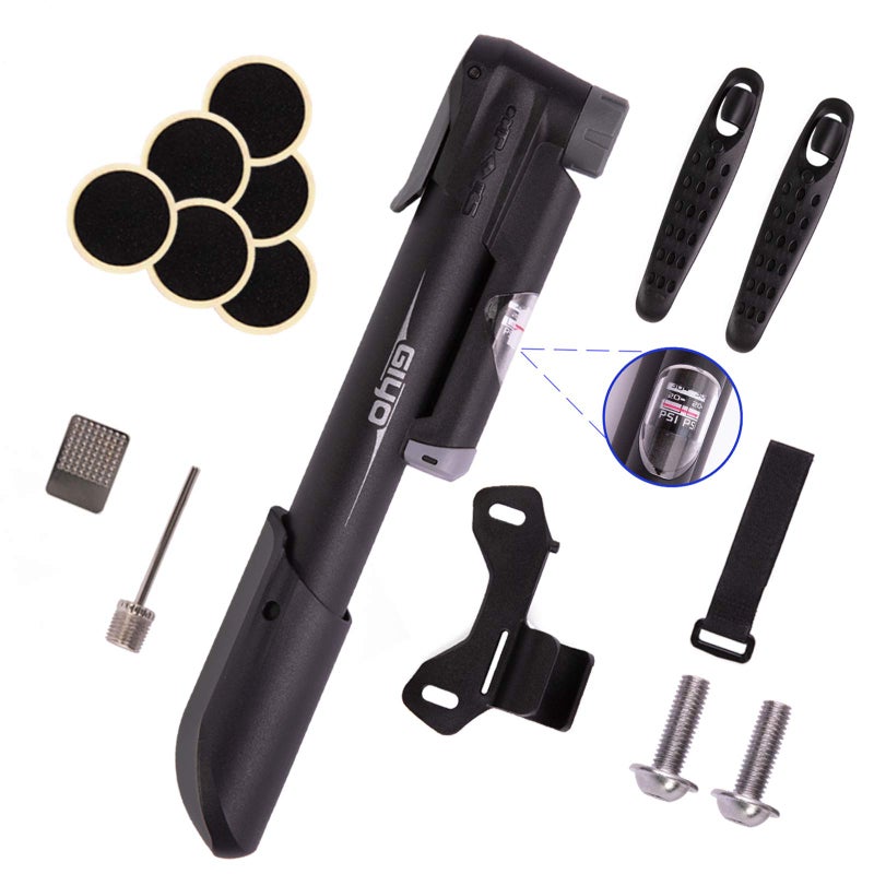 GIYO Mini Bike Pump, Portable Compact Bicycle Pump with Pressure Gauge, Tire Repair Kit, Perfect for Presta & Schrader Frame Mount for Road, Mountain & BMX Cycling, Ball Pump with Needle 120 PSI - Image 1