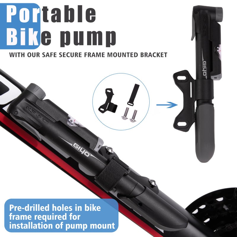 GIYO Mini Bike Pump, Portable Compact Bicycle Pump with Pressure Gauge, Tire Repair Kit, Perfect for Presta & Schrader Frame Mount for Road, Mountain & BMX Cycling, Ball Pump with Needle 120 PSI - Image 4