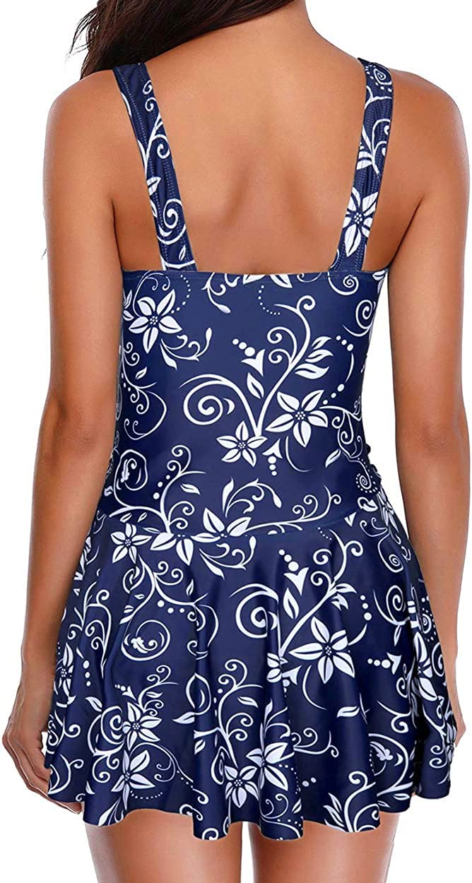 Yonique One Piece Swimsuits for Women Modest Tummy Control Swimdress Vintage Bathing Suits Skirt Swimwear Blue L - Image 4