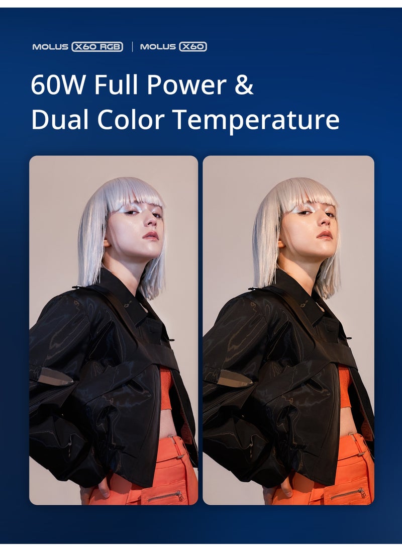 Zhiyun ZHIYUN Molus X60 [Official] 60W RGB Video Light with Grip Battery, Portable COB Photography Lighting, APP Control •CRI 95• TLCI 98• 15 Scenes for Video Recording/Portrait Shooting/TVC (Combo Package)  - Image 5