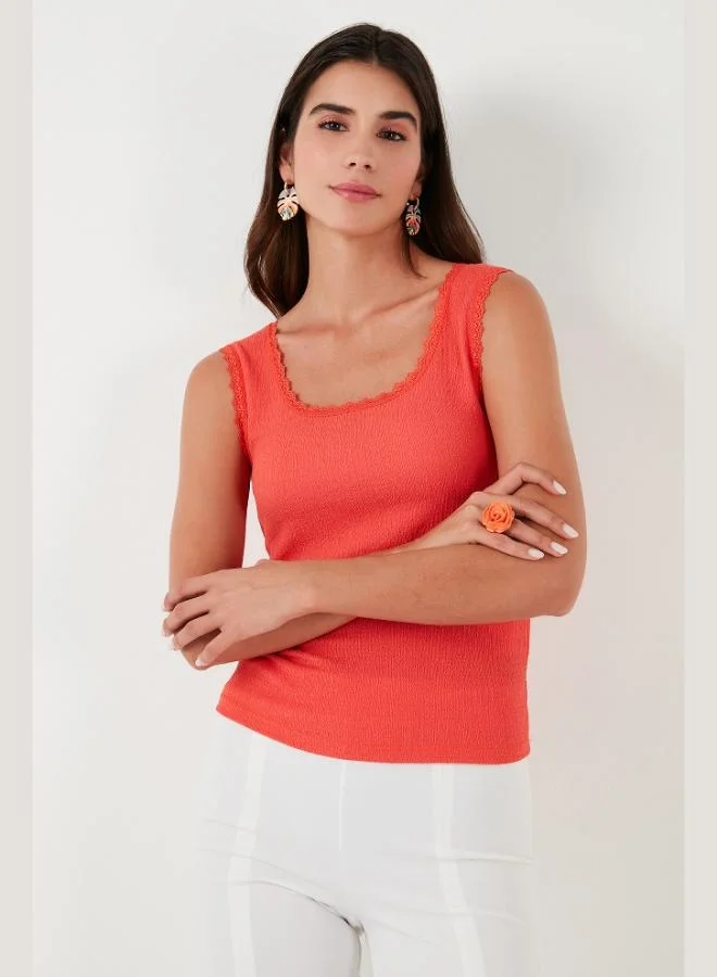 Lela Lela Slim Fit Thick Strap Lace Square Neck Crinkle Tank Top Women's Tank Top 5864979