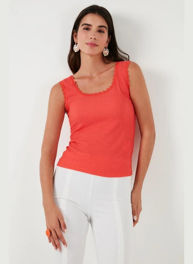 Lela Lela Slim Fit Thick Strap Lace Square Neck Crinkle Tank Top Women's Tank Top 5864979