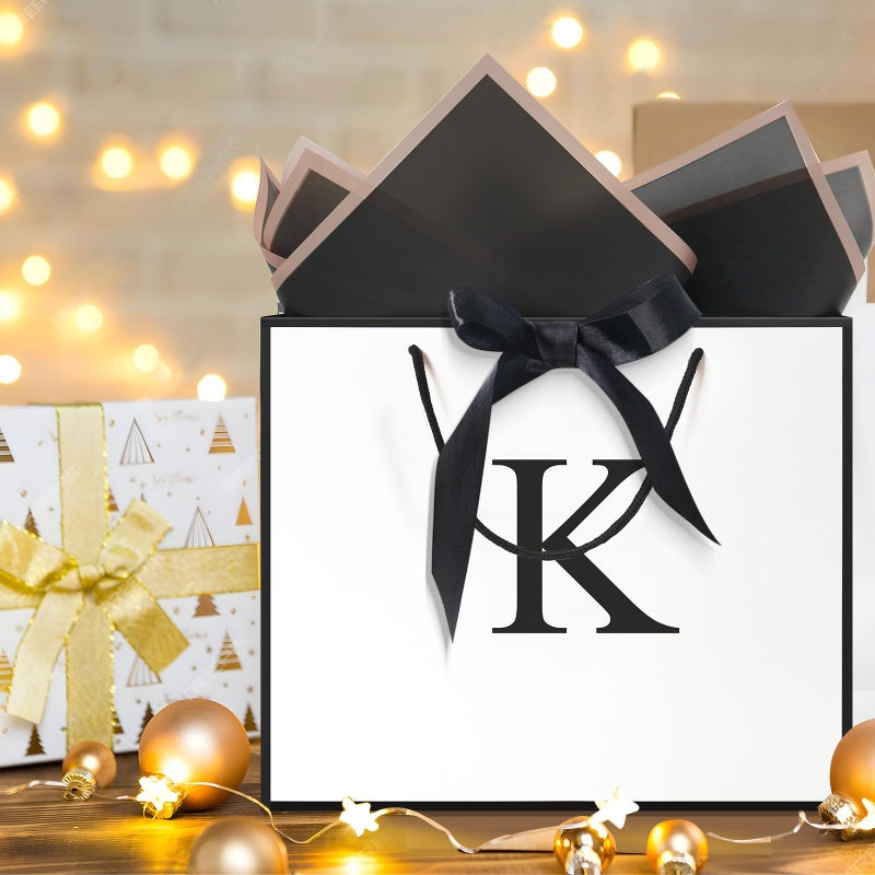 QLSKO Monogrammed Gift Wrap Bag Personalized Initial Paper Bag with Card Matching Envelope Sticker,Bow Ribbon and Wrapping Tissue Birthday Gifts for Women Men (White, K-Medium) - Image 5