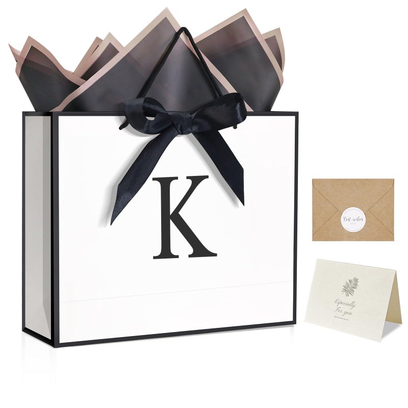 QLSKO Monogrammed Gift Wrap Bag Personalized Initial Paper Bag with Card Matching Envelope Sticker,Bow Ribbon and Wrapping Tissue Birthday Gifts for Women Men (White, K-Medium) - Image 1