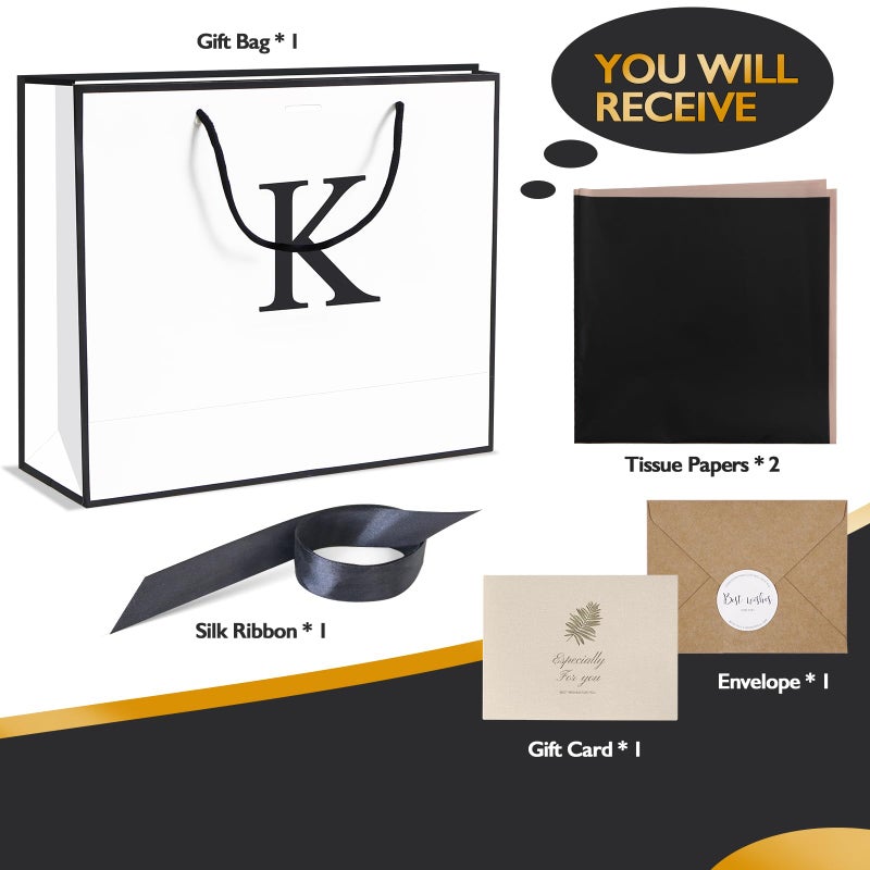 QLSKO Monogrammed Gift Wrap Bag Personalized Initial Paper Bag with Card Matching Envelope Sticker,Bow Ribbon and Wrapping Tissue Birthday Gifts for Women Men (White, K-Medium) - Image 2