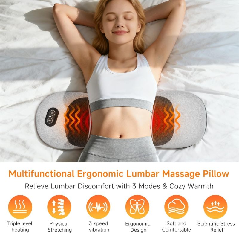 Electric Lumbar Massage Pillow: Grey Ergonomic Memory Foam - Deep Tissue Heat Vibration Lumbar Massager for Back Pain Sciatica Relief, Car Chair Bed Use - Image 3