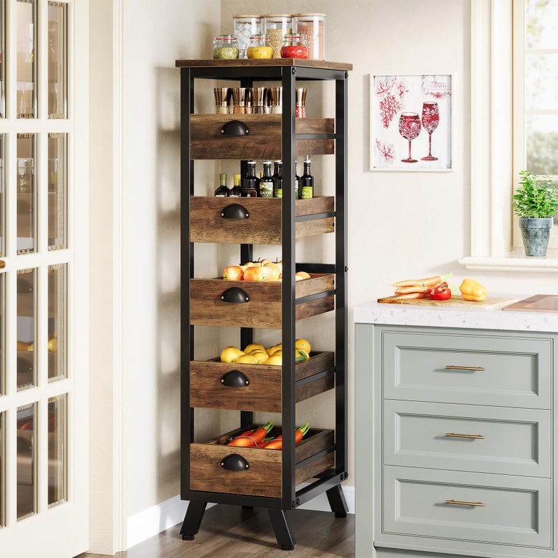 Tribesigns Wood Fruit and Vegetable Storage Rack 5Tier Narrow Snack Stand Kitchen Stand Fruit Basket PullOut Utility Organizer for Kitchen Living Room Rustic Brown - Image 2