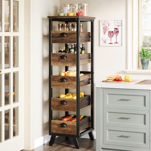 Tribesigns Wood Fruit and Vegetable Storage Rack 5Tier Narrow Snack Stand Kitchen Stand Fruit Basket PullOut Utility Organizer for Kitchen Living Room Rustic Brown - Image 1