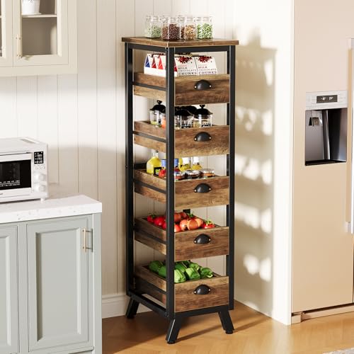Tribesigns Wood Fruit and Vegetable Storage Rack 5Tier Narrow Snack Stand Kitchen Stand Fruit Basket PullOut Utility Organizer for Kitchen Living Room Rustic Brown - Image 3