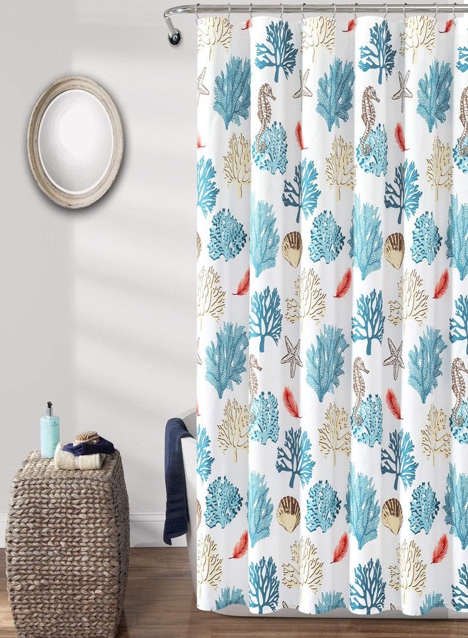 Lush Decor Coastal Reef Feather Shower Curtain, 72" W x 72" L, Blue & Coral - Coastal Shower Curtain - Fabric Curtains - Ocean Bathroom Decor - Beach House - Beachy Room - Image 1