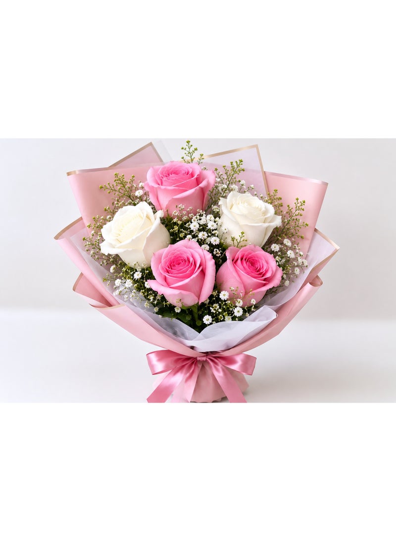 Fresh Flower Bouquet with 5 Roses (3 Pink, 2 White) and Baby's Breath, Pink Wrapping