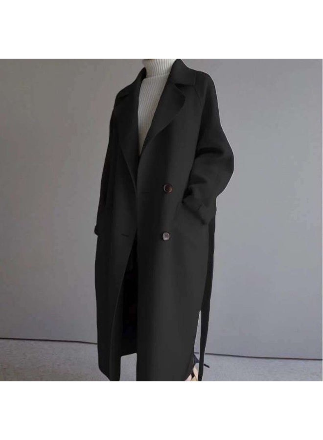Woolen coat, long style for women, fashionable and loose, reaching the knees, with a waistline and drawstring, woolen coat for women - Image 1