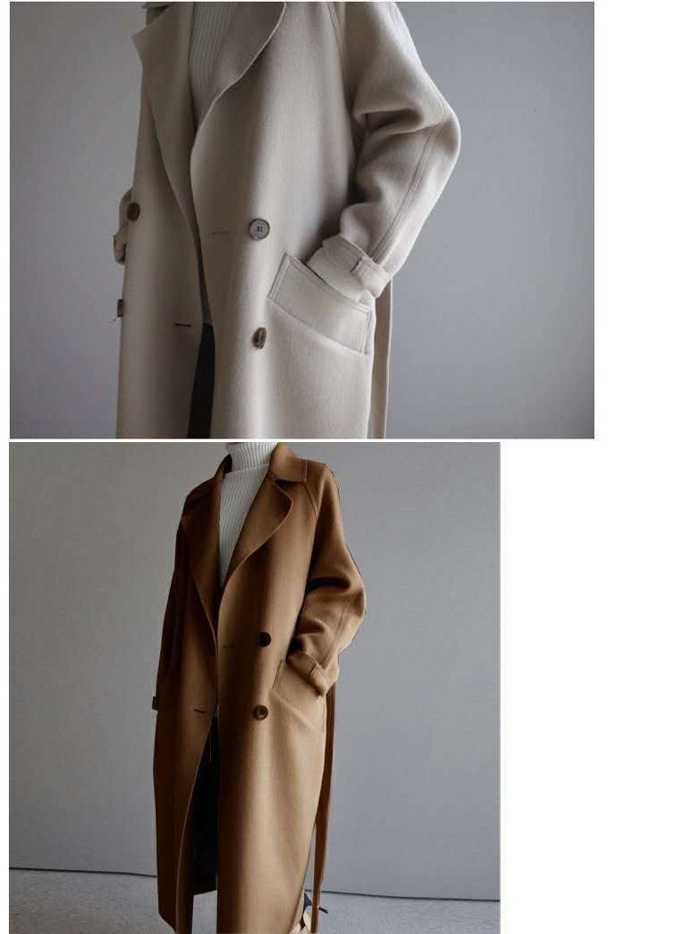 Woolen coat, long style for women, fashionable and loose, reaching the knees, with a waistline and drawstring, woolen coat for women - Image 2