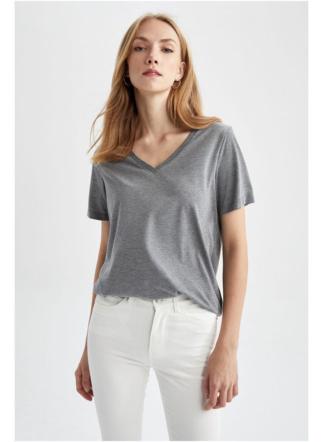 DeFacto - Woman Regular Fit V Neck Knitted Short Sleeve T-Shirt - Image 1