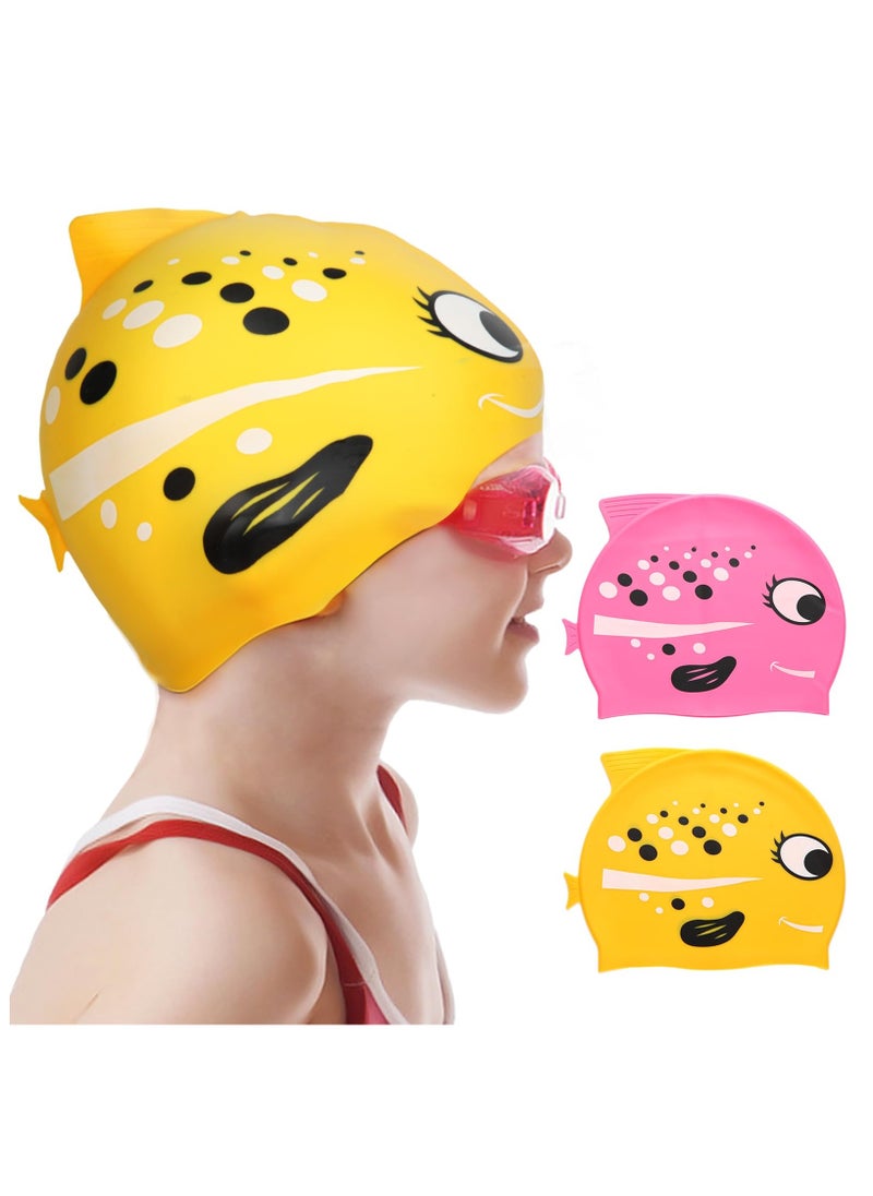 ZERIFAM Kids Swim Cap, 2 Pack Elastic Silicone Swimming Cap for Boys Girls, Waterproof Bathing Caps Cartoon Fish Swimming Hat for Long Short Hair to Keep Hair Dry  - Image 1