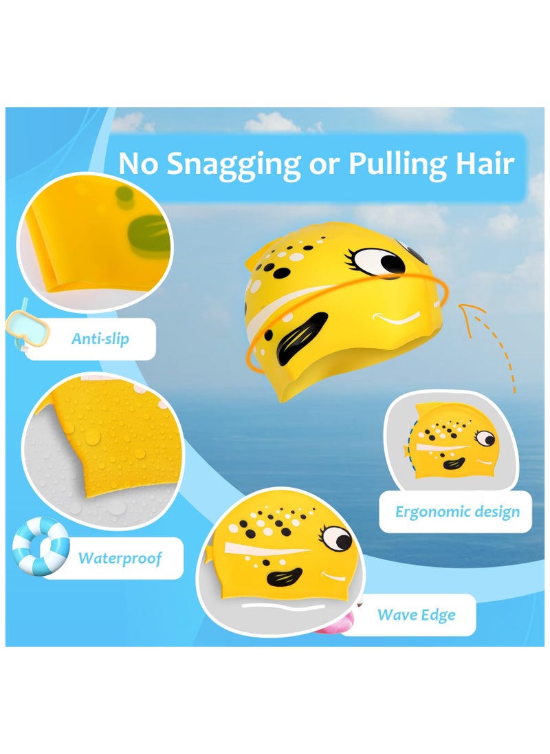 ZERIFAM Kids Swim Cap, 2 Pack Elastic Silicone Swimming Cap for Boys Girls, Waterproof Bathing Caps Cartoon Fish Swimming Hat for Long Short Hair to Keep Hair Dry  - Image 2