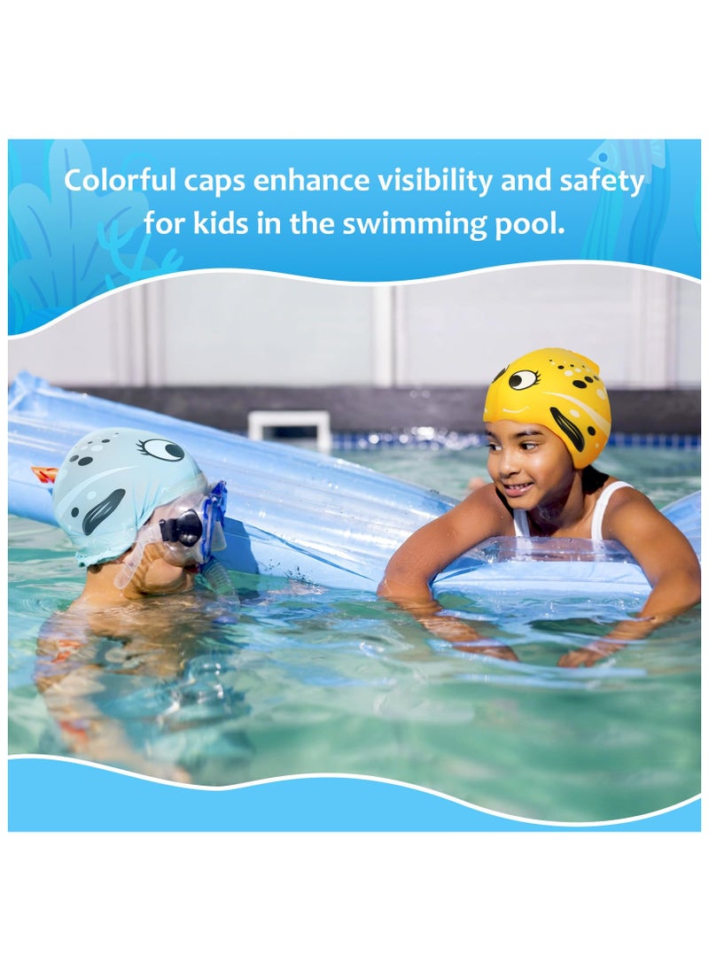 ZERIFAM Kids Swim Cap, 2 Pack Elastic Silicone Swimming Cap for Boys Girls, Waterproof Bathing Caps Cartoon Fish Swimming Hat for Long Short Hair to Keep Hair Dry  - Image 3