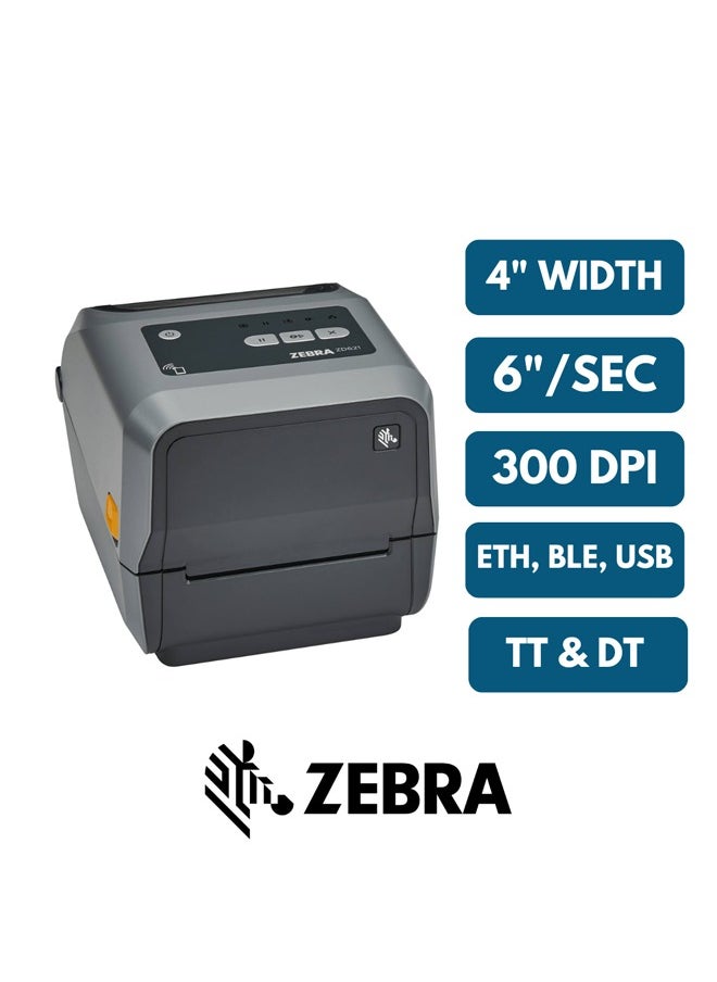 ZEBRA Zebra ZD621t Barcode Desktop Label Printer, Thermal Transfer Printing, 300dpi Print Resolution, 152 mm/s Printing Speed, 118 mm Label Width|Bluetooth, Ethernet Connectivity, Gray | ZD6A043-30EF00EZ  - Image 4