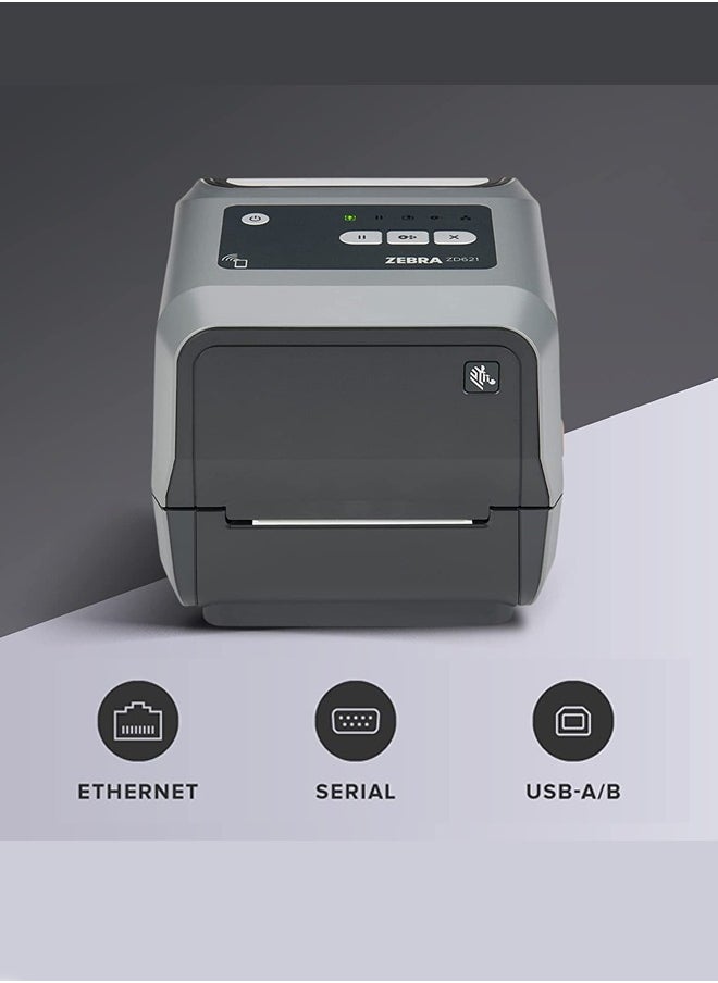 ZEBRA Zebra ZD621t Barcode Desktop Label Printer, Thermal Transfer Printing, 300dpi Print Resolution, 152 mm/s Printing Speed, 118 mm Label Width|Bluetooth, Ethernet Connectivity, Gray | ZD6A043-30EF00EZ  - Image 2