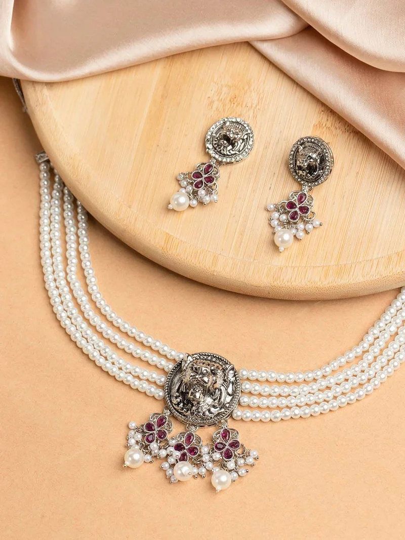 Priyaasi Stone Studded Pearl Beaded Lion Jewellery Set