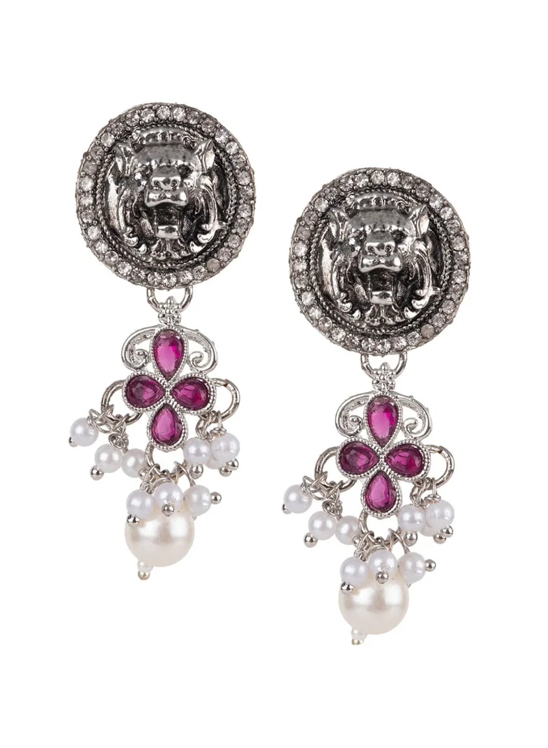 Priyaasi Stone Studded Pearl Beaded Lion Jewellery Set