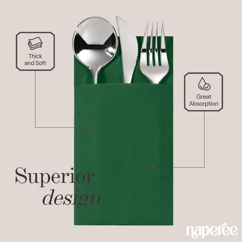 NAPEREE 100-Pack Disposable Napkins With Pocket For Flatware  Green Napkins Paper For Christmas  Wedding  Dinner Or Party  Built-In Pocket For Silverware  Prefolded - Image 3