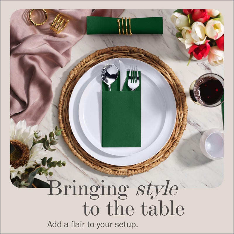 NAPEREE 100-Pack Disposable Napkins With Pocket For Flatware  Green Napkins Paper For Christmas  Wedding  Dinner Or Party  Built-In Pocket For Silverware  Prefolded - Image 2