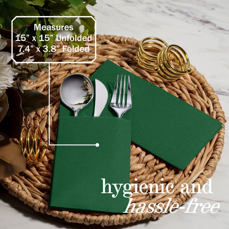 NAPEREE 100-Pack Disposable Napkins With Pocket For Flatware  Green Napkins Paper For Christmas  Wedding  Dinner Or Party  Built-In Pocket For Silverware  Prefolded - Image 4