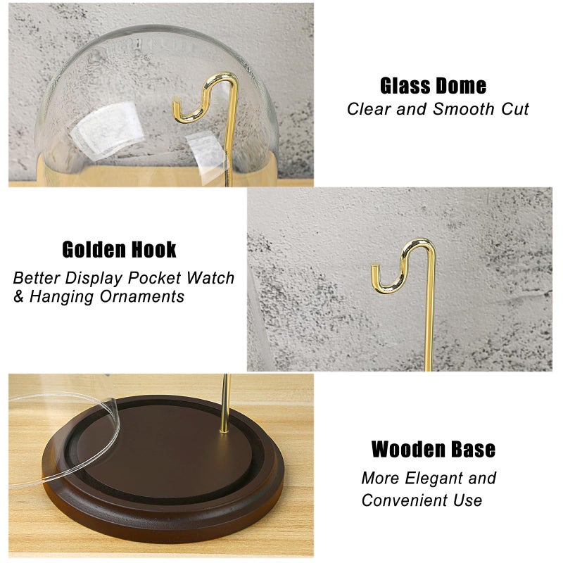 JUXYES Clear Watch Glass Display Dome Cloche With Hook, Dome Cloche with Hook with Wooden Base, Transparent Dome Cloche Bell Terrarium Jar Glass Cloche Bell Jar Display for Watch Ornaments - Image 4