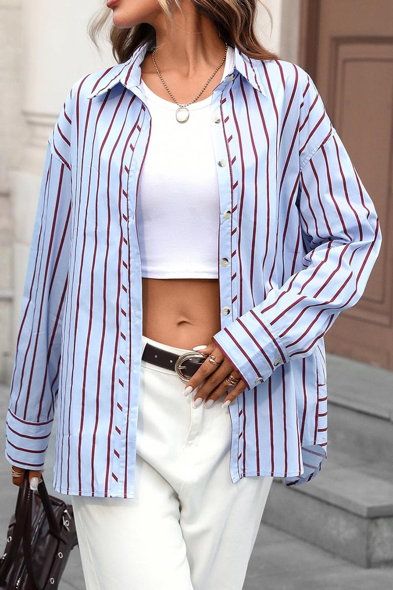 CHYRII Women Fall Fashion Long Sleeve Button Up Shirts Striped Blouse Tops Loose Fit Comfort (7185-Blue Haze) S - Image 5