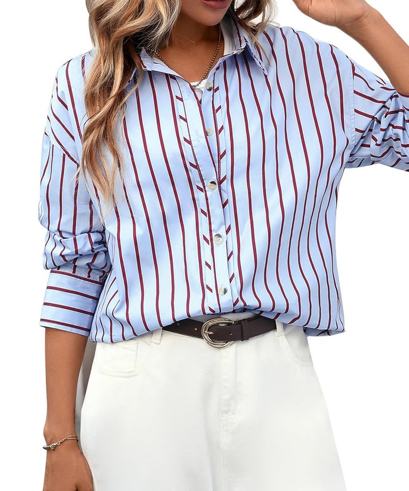 CHYRII Women Fall Fashion Long Sleeve Button Up Shirts Striped Blouse Tops Loose Fit Comfort (7185-Blue Haze) S - Image 1