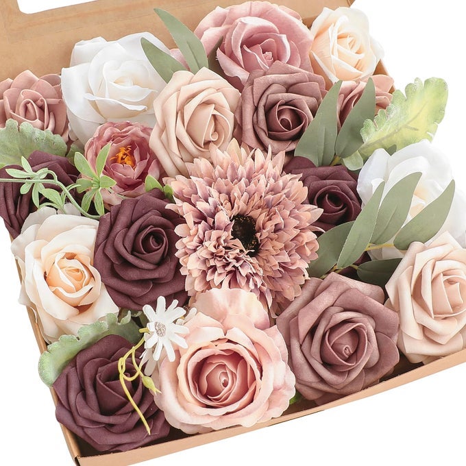 DUSTY ROSE MAUVE ARTIFICIAL FLOWERS FAKE ROSES PEONY AND GREENERY COMBO BOX SET FOR DIY WEDDING BOUQUETS BRIDAL SHOWER CENTERPIECES FLORAL ARRANGEMENTS PARTY TABLES HOME DECORATIONS