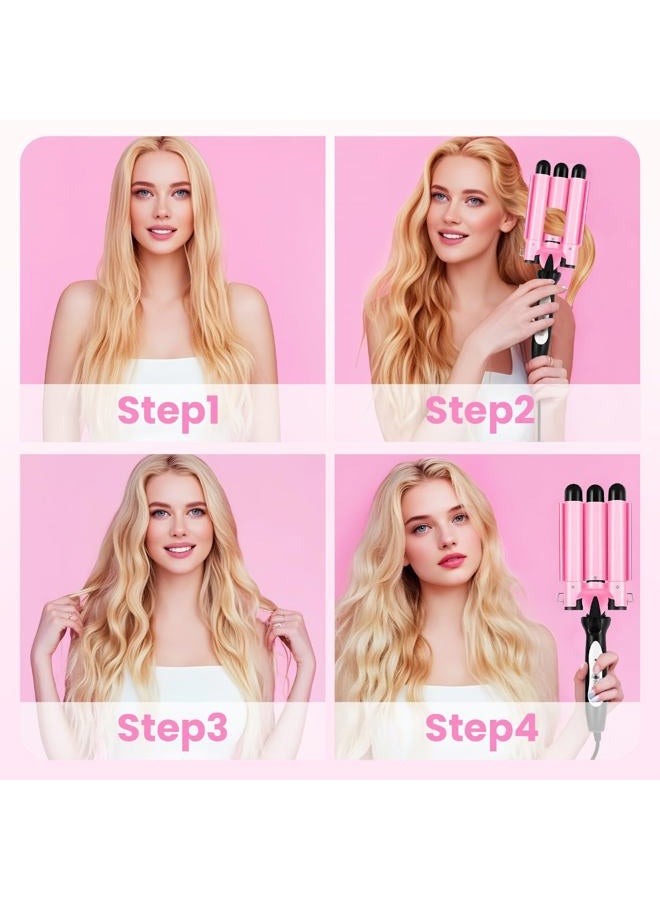 CLSYBelize 3 Barrel Curling Iron - 1" Professional Ceramic Hair Crimper with Dual Voltage & 2 Temperature Settings | 25mm Triple Barrel Waves Wand for Fast Heating Styling | Pink - Image 2