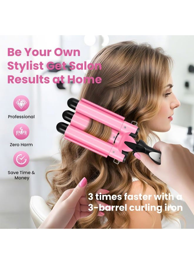 CLSYBelize 3 Barrel Curling Iron - 1" Professional Ceramic Hair Crimper with Dual Voltage & 2 Temperature Settings | 25mm Triple Barrel Waves Wand for Fast Heating Styling | Pink - Image 3