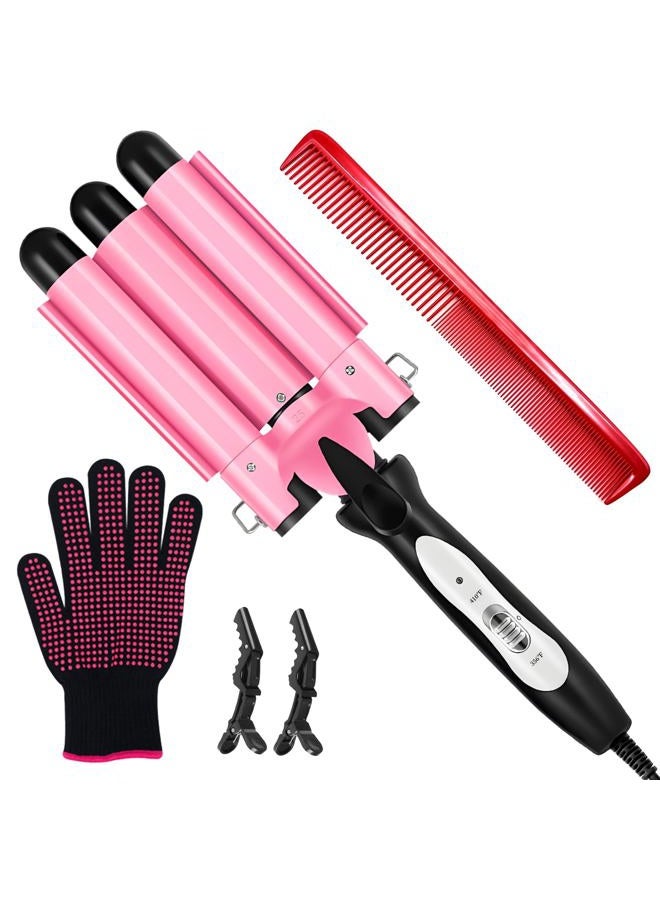 CLSYBelize 3 Barrel Curling Iron - 1" Professional Ceramic Hair Crimper with Dual Voltage & 2 Temperature Settings | 25mm Triple Barrel Waves Wand for Fast Heating Styling | Pink - Image 1