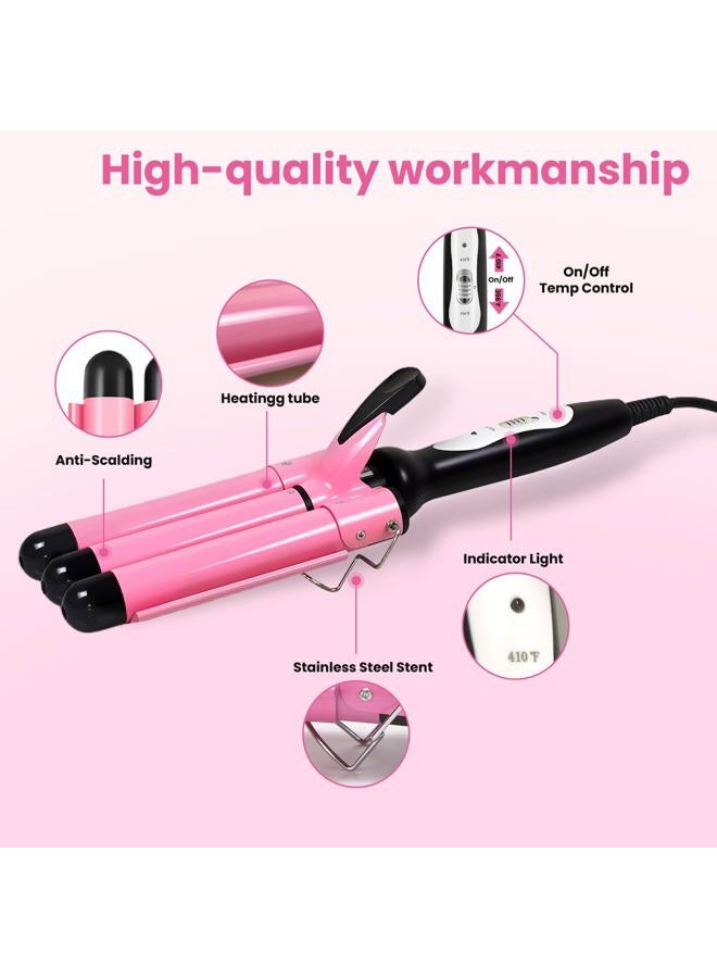 CLSYBelize 3 Barrel Curling Iron - 1" Professional Ceramic Hair Crimper with Dual Voltage & 2 Temperature Settings | 25mm Triple Barrel Waves Wand for Fast Heating Styling | Pink - Image 4