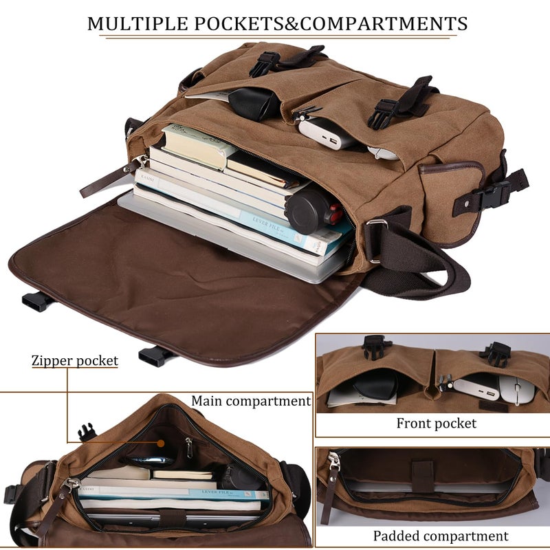 CROCOD Vintage Canvas 15.6 inch Laptop Messenger Bag for Men Women, College Computer Satchel Shoulder Bag Travel Work Office Briefcases (Coffee) - Image 4