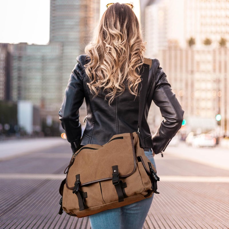 CROCOD Vintage Canvas 15.6 inch Laptop Messenger Bag for Men Women, College Computer Satchel Shoulder Bag Travel Work Office Briefcases (Coffee) - Image 2
